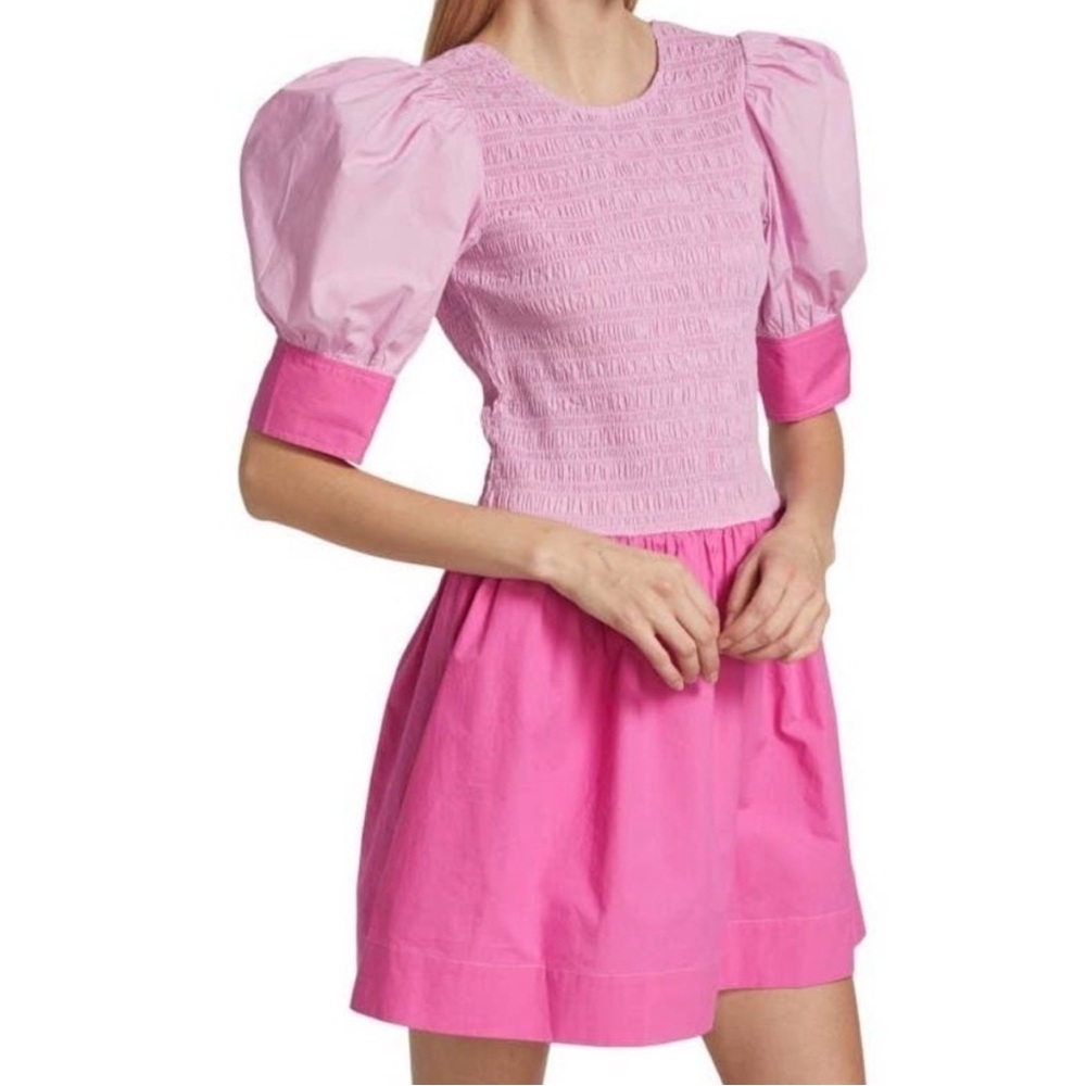 Ganni Pink Colorblock Shirred Mini Dress Puff Sleeves Women’s Size 40